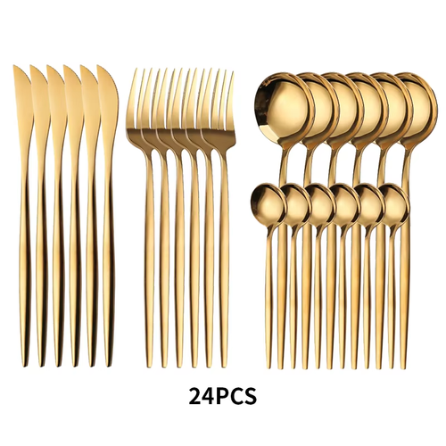 24PCS Cutlery Set Stainless Knife Fork Spoon Flatware Tableware Set Gold Gift Bo