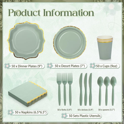350 Pcs Sage Green and Gold Foil Plates and Napkins 50 Guest Spring Party Sup...