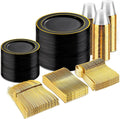 600PCS Black and Gold Disposable Dinnerware Set-Black Plastic Plates Disposable