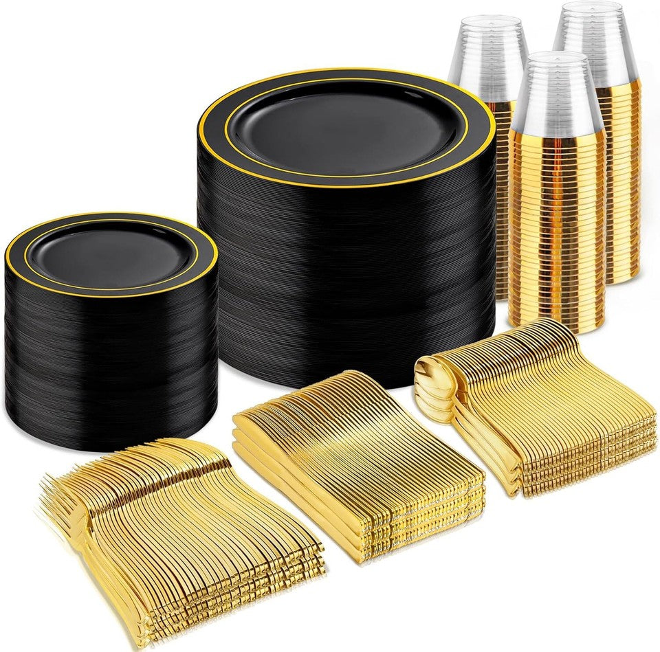 600PCS Black and Gold Disposable Dinnerware Set-Black Plastic Plates Disposable